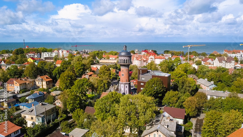 Russia, Zelenogradsk - September 22, 2018: Water tower Krantz. The city water tower was built in Kranz in 1904. Tower height is 40 m. Murarium, From Drone photo