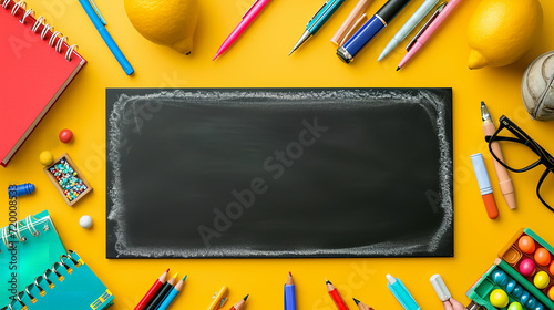 Supplies for school border on black chalkboard on yellow background 3D Rendering