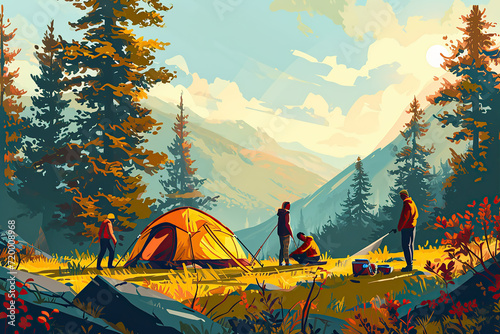 Campers set up tents in scenic campsites.