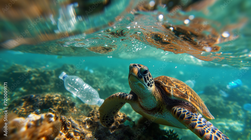 Obraz premium Plastic pollution in ocean environmental problem. Turtles can mistake plastic bags for jellyfish and eat them. Environmental issue of plastic pollution problem. Plastic pollution in ocean.