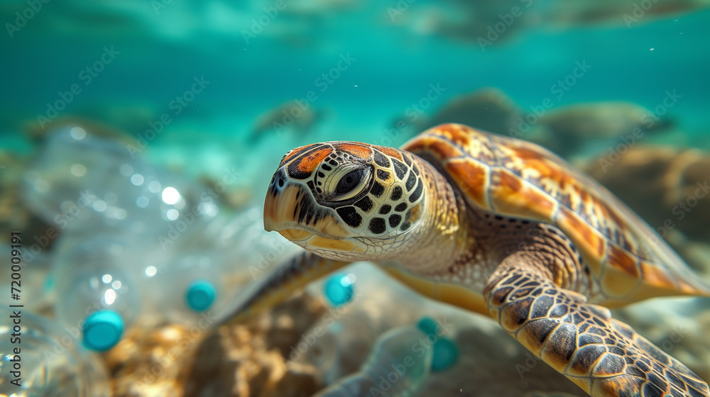 Obraz premium Plastic pollution in ocean environmental problem. Turtles can mistake plastic bags for jellyfish and eat them. Environmental issue of plastic pollution problem. Plastic pollution in ocean.