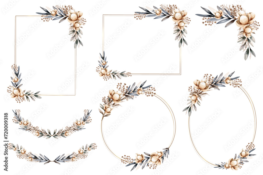 Botanical frame and border set. Watercolor of white cotton, beige and green leaves. Gold line circle and square with plant wreath. Vector illustration.