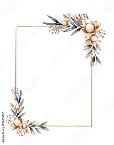 Botanical frame and border. Gold line rectangle with cotton, beige and green leaves wreath. Vector illustration.
