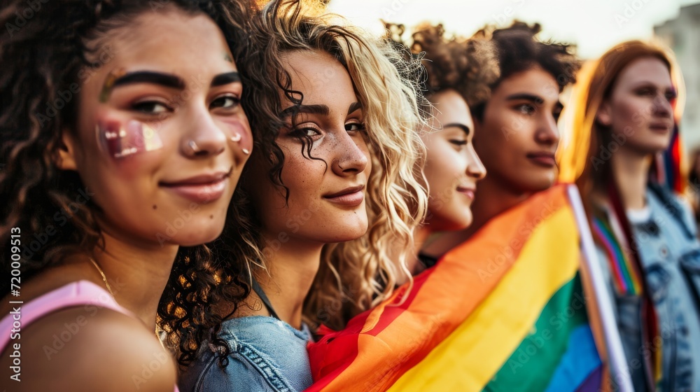 close up Group of young activist for lgbt rights with rainbow flag, lesbian, rainbow, freedom, diversity, bisexual, gay, celebration, community close up Group of young activist for lgbt rights with rainbow flag, lesbian, rainbow, freedom, diversity, bisexual, gay, celebration, community