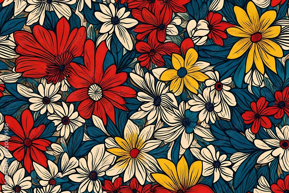 A burst of creativity unfolds with flowers in an abstract masterpiece, forming a seamless pattern adorned with the timeless charm of retro-inspired primary colors. A burst of creativity unfolds with flowers in an abstract masterpiece, forming a seamless pattern adorned with the timeless charm of retro-inspired primary colors.