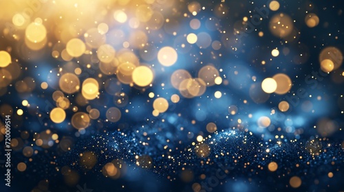 Golden light shine particles bokeh on navy blue background. Holiday. Abstract background with Dark blue and gold particle  shine  bright  sparkle  magical  glittering  texture  effect  space