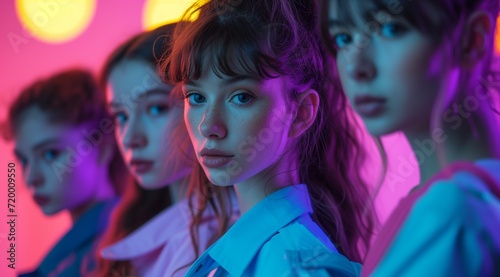 Stylish group portrait of young women bathed in neon blue and pink lights, featuring expressive faces and a trendy, urban style.