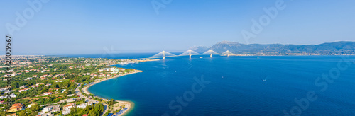 Rion, Greece. Rion - Andirion. Cable-stayed automobile-pedestrian bridge across the Gulf of Corinth. Summer day. Aerial view