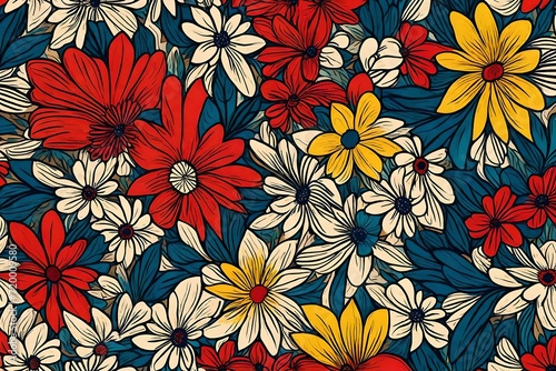 Wallpaper Mural A burst of creativity unfolds with flowers in an abstract masterpiece, forming a seamless pattern adorned with the timeless charm of retro-inspired primary colors. Torontodigital.ca