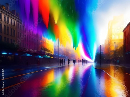Illustration of Rainbow Color Drops Cascading onto A Street in A City with Pedestrians Concept