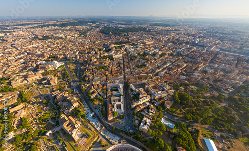 Rome, Italy. Roman forum. The city is at your fingertips. Panorama of the city on a summer morning. Aerial view