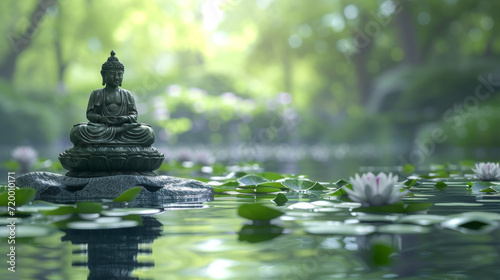 Buddha statue among lotus flowers on tranquil water.