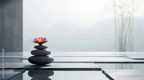 Stacked Zen stones with lotus flower by misty mountains in a room with bamboo leaves.