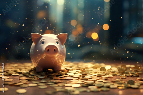Piggy bank and coins with bokeh background, saving money concept. for savings expenses for loans costs and payments. Credit financial growing business concept. photo