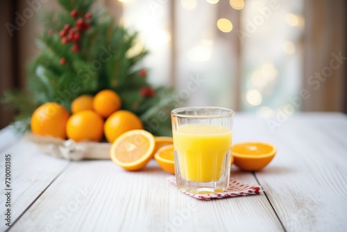 fresh squeezed orange juice with a sprig of holly for christmas breakfast