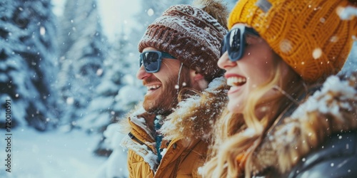 Happy couple hugging and smiling outdoors in snowy forest.