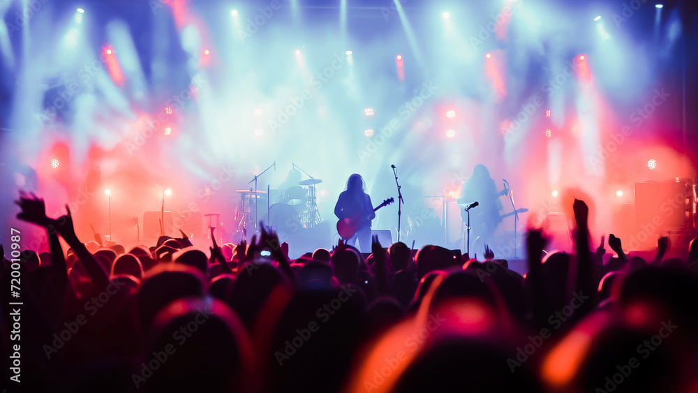 An energetic live concert with an enthusiastic crowd, colorful stage lights, and the silhouette of a performing band.