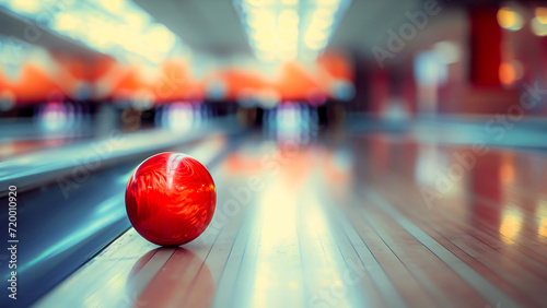 A single red bowling ball on a polished lane in an indoor bowling alley, capturing the essence of the game.