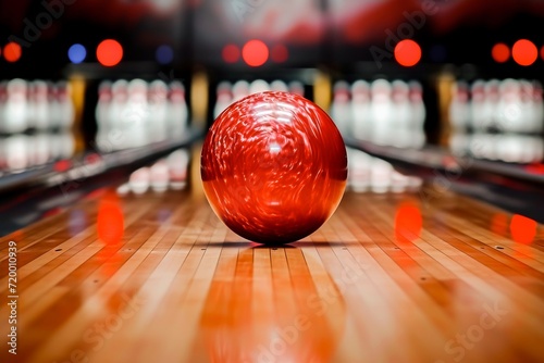 A shiny red bowling ball ready to roll down the wooden lane in a well-lit bowling alley.