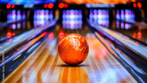 An orange bowling ball on a shiny alley with pins in the background and neon lights, highlighting fun and leisure. photo