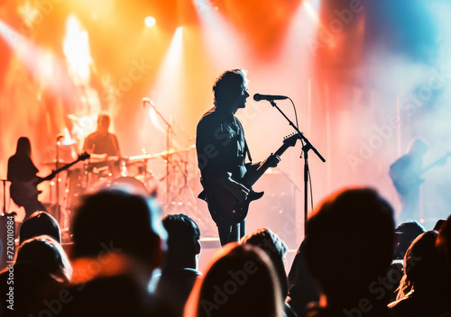 Silhouetted guitarist on stage performing at a live concert with vibrant stage lights and a lively audience in the foreground.