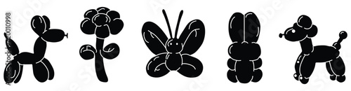 Balloon animals  collection  Black Color and bubble sticker. Dog flower butterfly bunny poodle in trendy retro style. Cartoon graffiti tattoo vector illustration isolated on white background. © Mubashir