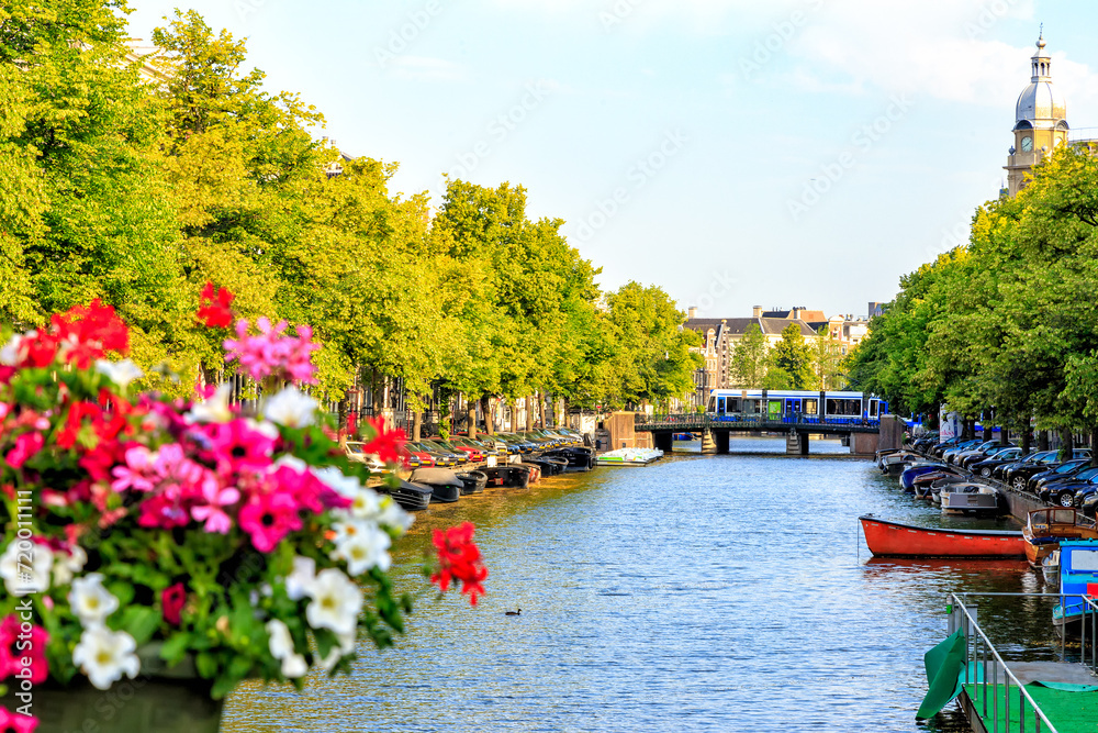 Amsterdam, Netherlands - June 30, 2019 Canal (street) Keizersgracht. Bridge.The historic city center