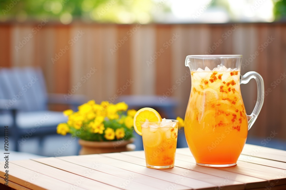orange iced tea in a jug, orange slices inside, patio background orange iced tea in a jug, orange slices inside, patio background