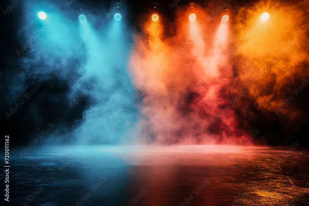 Colorful stage lights with smoke creating a vibrant background, suitable for live concert and entertainment events.