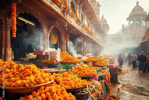 Bustling Indian market with marigold flowers, street vendors, and a crowd walking under warm sunlight. photo