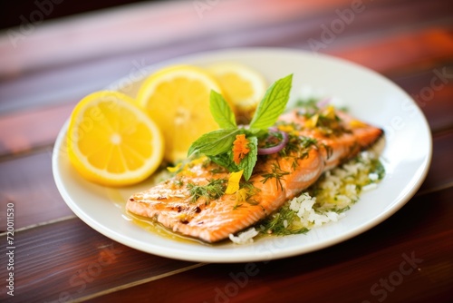 plate of grilled salmon with lemon and herbs