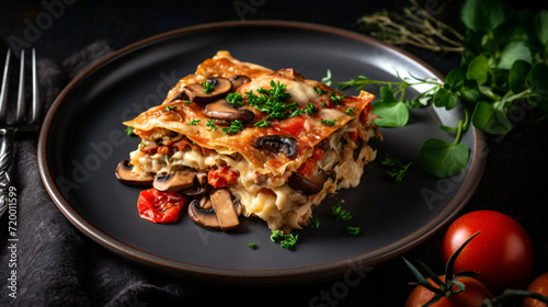 A piece of vegetarian lasagna with mushrooms tomatoes