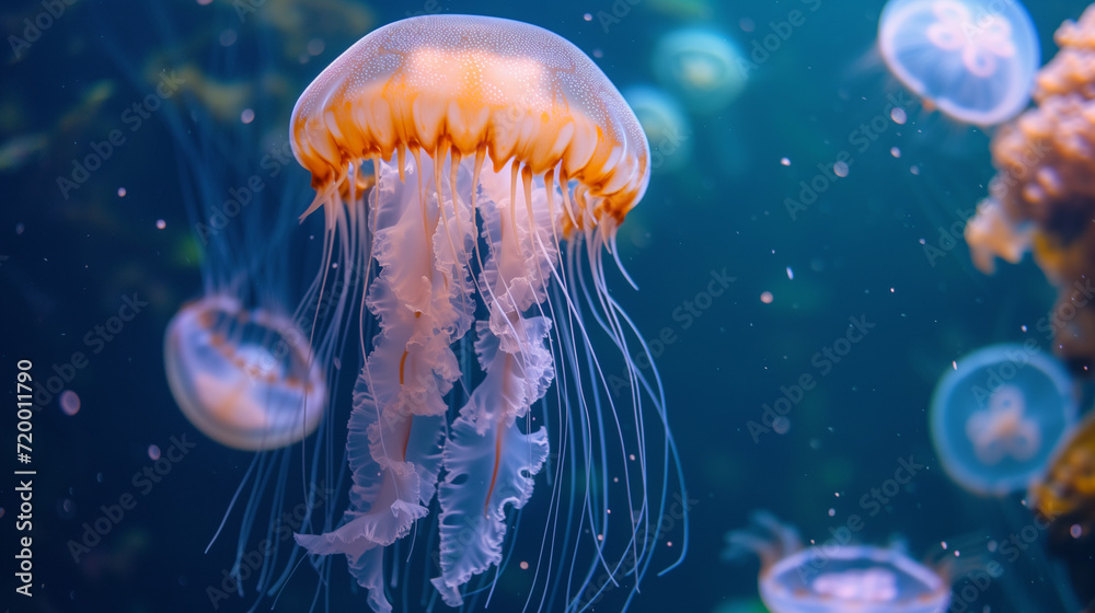 Illuminated jellyfish moving through the water. Isolated on dark background. a jellyfish with a purple body and blue tentacles is swimming in the water with a blue background and a blue sky. Common Illuminated jellyfish moving through the water. Isolated on dark background. a jellyfish with a purple body and blue tentacles is swimming in the water with a blue background and a blue sky. Common