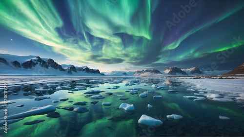 Enchanting Arctic Dance: Ethereal Aurora Over Glacial Peaks