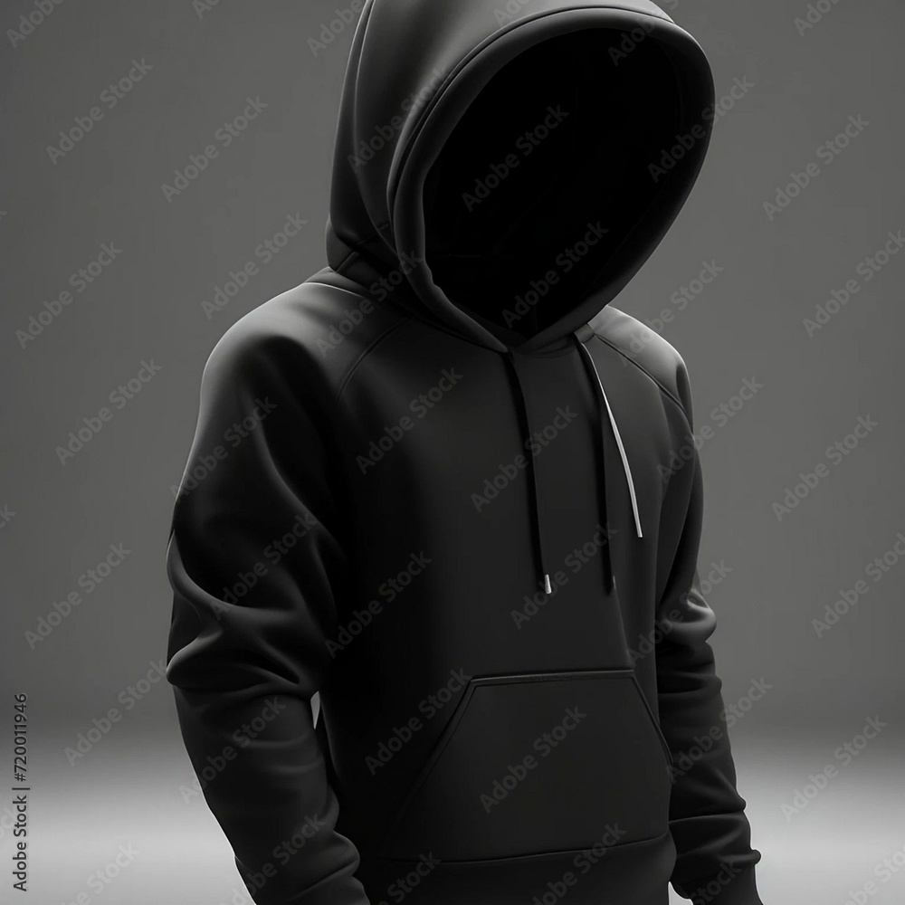 Blank black sport hoodie with hood mock up, different views, 3d rendering. Empty cloth hooded sweater mockup, isolated. Clear street jersey sweat-shirt or tolstovka for men template.
