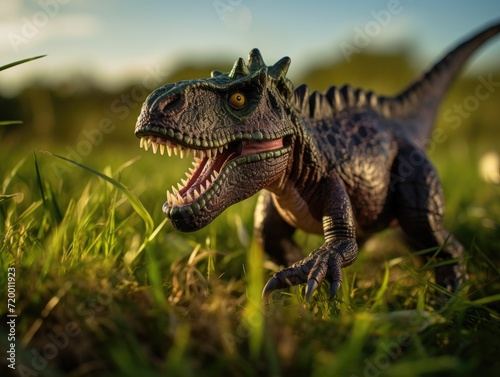 A toy dinosaur is walking through a field. Generative AI. © serg3d