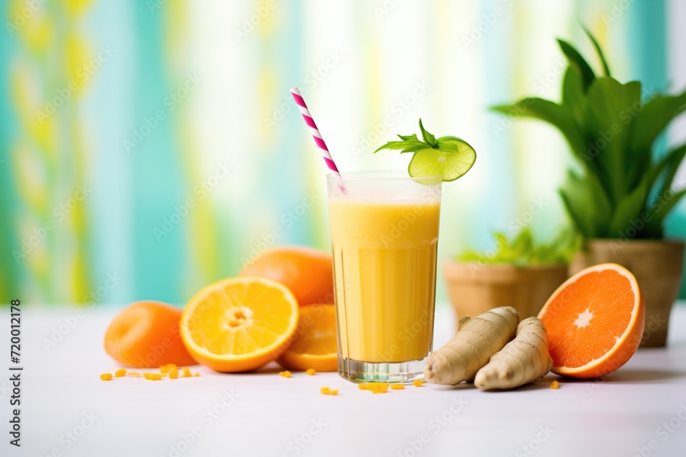 orangepineapple smoothie next to fresh ingredients