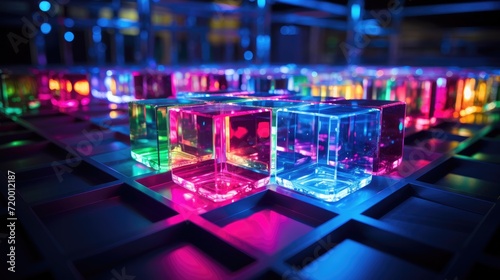 A group of colorful cubes in a dark room. Generative AI. photo