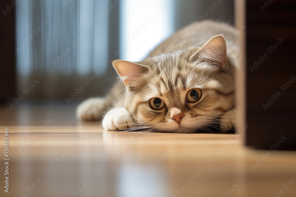 Obraz premium A cat laying on the floor looking at the camera. Generative AI.
