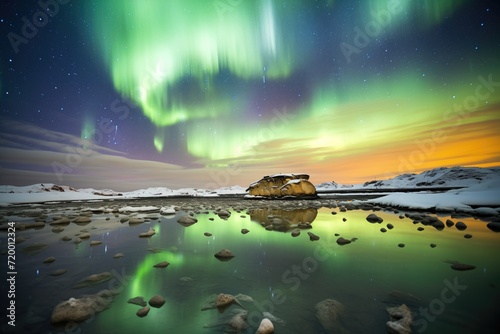 southern lights over a penguin colony on a snowfield