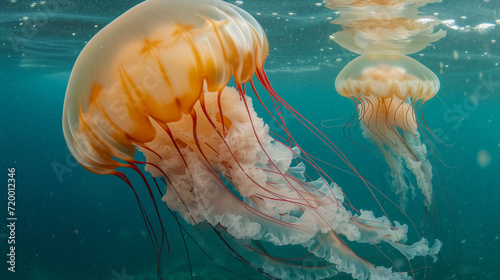 Illuminated jellyfish moving through the water. Isolated on dark background. a jellyfish with a purple body and blue tentacles is swimming in the water with a blue background and a blue sky. Common 