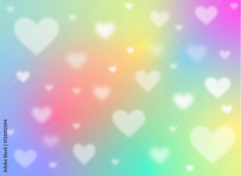 Pastel rainbow gradient background with blurry hearts in y2k style. Banner for Valentine's Day. Holographic illustration in neon colors. Cute cartoon girly background.