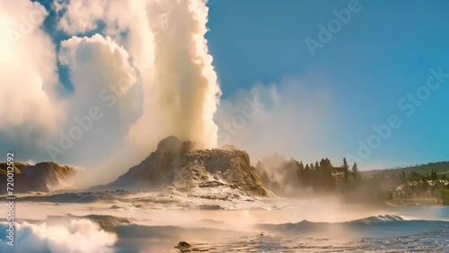 Castle Geyser erupts with hot water and steam with pools of thermophilic bacteria and it's a cone geyser in the Upper Geyser Basin of Yellowstone National Park, Wyoming, United States. photo