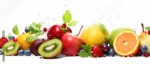 Fruit and vegetables in water on white background being washed before becoming healthy food