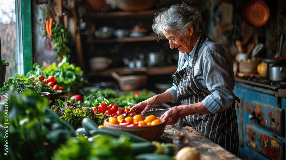Healthy Aging: senior preparing healthy food, vegetable 