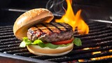 Beef burger with cheese, tomato, red onion, cucumber and lettuce on grill. Unhealthy food