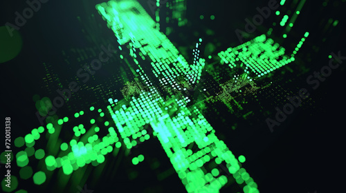 Pixelated X mark in neon green, blending futuristic aesthetics on a black digital background