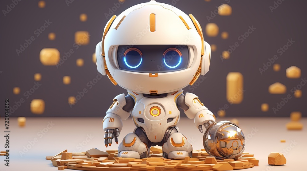 Close up of small sleek white 3d robot with golden additive - technology and future concept, banner Close up of small sleek white 3d robot with golden additive - technology and future concept, banner