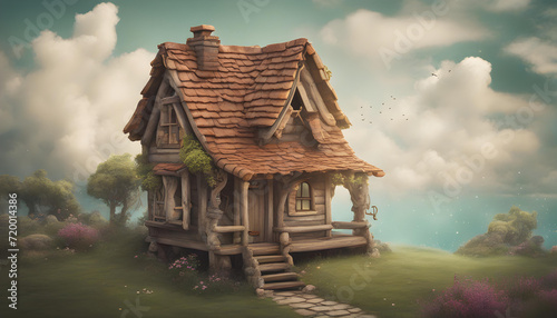 Cute little house on the dream land. cartoon art