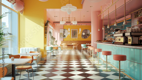 Sunlit Retro Cafe with Checkerboard Floor and Pastel Decor